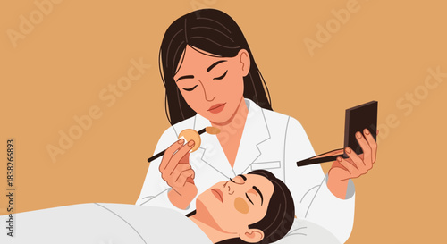 Skilled makeup artist applying foundation to a client's face with a brush, showcasing professional beauty treatment.