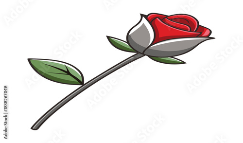 Stylized red rose with green leaves on a stem