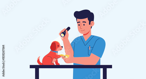 Veterinarian examining a small puppy with a flashlight, illustrating animal care and medical checkups.
