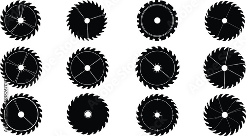 Silhouettes of circular saw blades, industrial cutting tool designs, sharp tooth patterns collection illustration set for construction, woodworking, hardware concepts