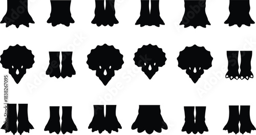 Silhouettes of bird feet and claw shapes, animal track illustration collection set for wildlife design, footprint patterns, nature symbol concepts