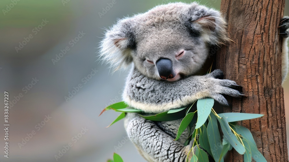 Obraz premium Cute Koala Bear Sleeping on Tree Trunk Hugging Eucalyptus Branch