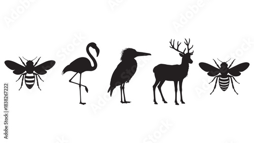 Collection of silhouette animal icons including bees flamingo bird and deer for nature and wildlife design elements isolated on white