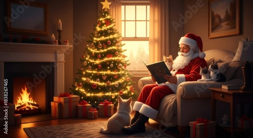Santa claus in armchair reading book with cats by fireplace and decorated Christmas tree at home for holiday season. Christmas concept.
