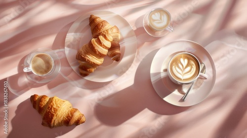Elegant Croissants and Coffee Beverages on Pink Satin Surface with Latte Art