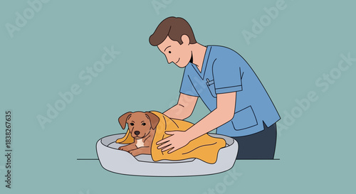 Kind veterinarian tending to a small puppy wrapped in a warm blanket inside a pet bed