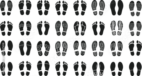 Silhouettes of human footprints and shoe print patterns, diverse footmark collection illustration set for tracking, design elements, walking path concepts