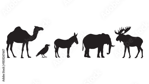 Collection of animal silhouettes including a camel crow donkey elephant and moose isolated on a white background for graphic design