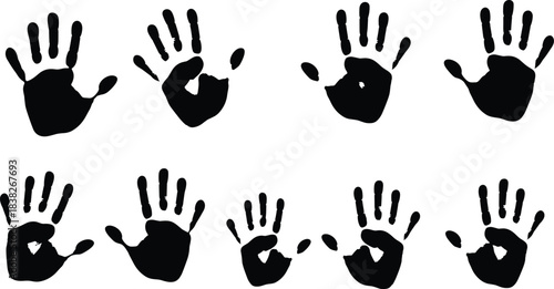 Silhouettes of human handprints in various shapes, fingerprint impression collection illustration set for design elements, artistic texture, creative marking concepts