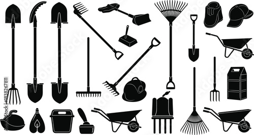 Silhouettes of gardening tools and equipment, shovels, rakes, wheelbarrows, watering cans collection illustration set for landscaping, farm work, outdoor garden concepts