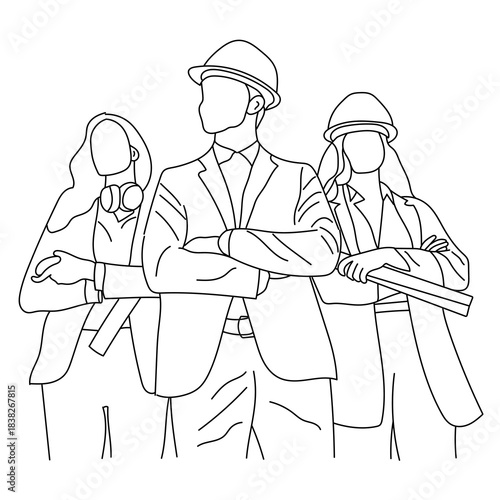 Line art of teamwork concept with architects isolated on a white background.