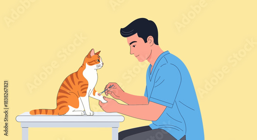 Veterinarian caring for an orange and white cat on a table applying treatment to its paw