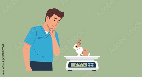 Veterinarian thoughtfully observing a small rabbit being weighed on a digital scale