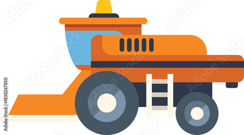 Illustration of an orange combine harvester working in a field with a blue sky