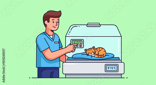 Veterinarian monitoring a sick kitten in an incubator with temperature control