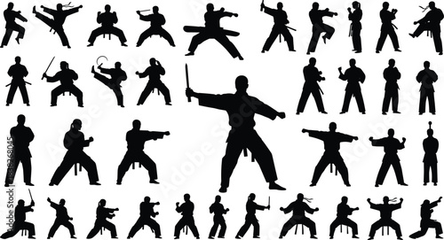Silhouettes of martial artists performing combat techniques, karate and weapon poses collection, dynamic self-defense movement illustration set for training concepts