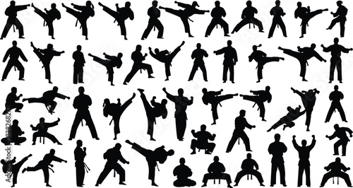 Silhouettes of martial artists performing kicks, punches, stances, karate movement illustration collection set for training, combat practice, self-defense, sports concepts
