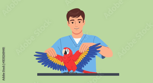 Friendly veterinarian examining a vibrant macaw parrot's wings with care and expertise