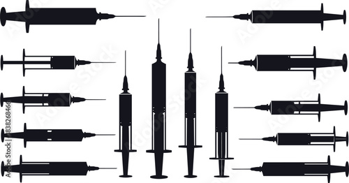 Silhouettes of medical syringes and injection needles, clinical equipment illustration collection set for healthcare design, hospital supplies, medicine concepts