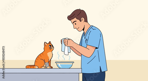 A friendly veterinarian gently caring for an injured cat with a warm compress at the clinic