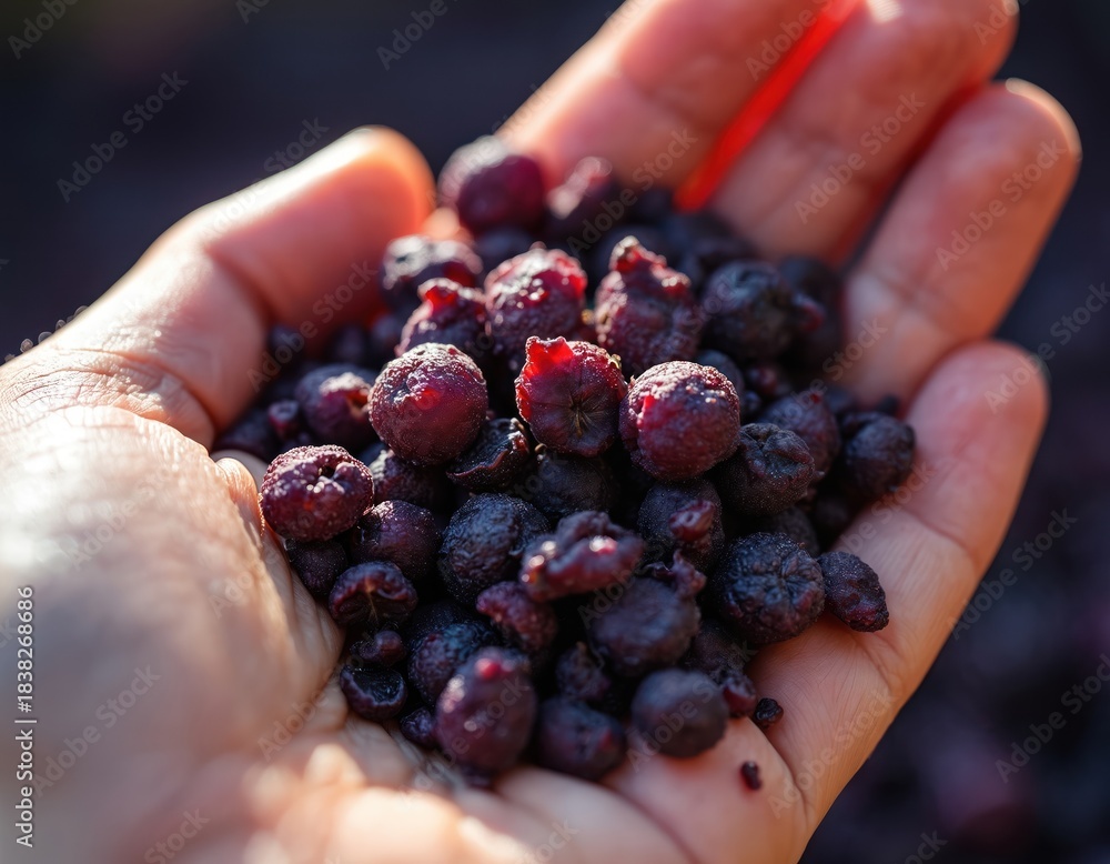 Obraz premium Winemaker holds dark purple grapes pomace in hand. Fruit pulp and skin for wine making process. Natural organic winery ingredient for vinification. Rich color.