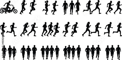 Silhouettes of people running in various poses, jogger and athlete movement illustration collection set for fitness design, sports activity concepts