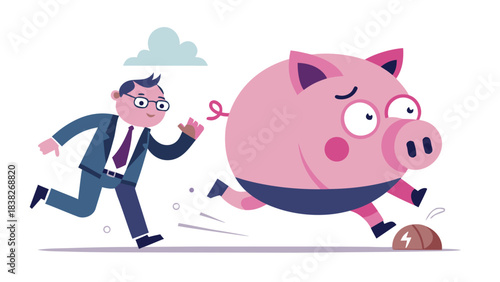Businessman chasing pig with money, cartoon finance concept