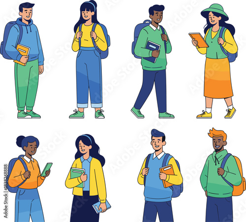 A diverse group of cheerful students and young adults carrying backpacks and books, representing college, high school, or university education and academic life.