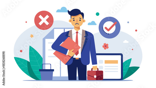 businessman holding files and briefcase with checklist and rejected documents