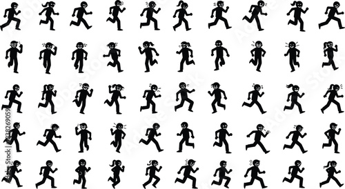 Silhouettes of running stick figure characters with expressive emoji faces, motion pose collection illustration set for animation, comics, dynamic movement concepts