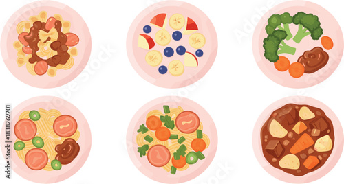 Pet food plate illustration set featuring fruits, vegetables, meat meals, mixed recipes, and healthy nutritional dishes for animals