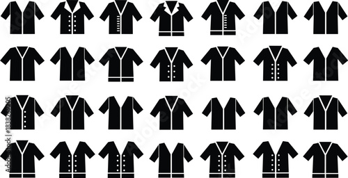 Silhouettes of shirts, jackets and cardigans, clothing icon collection illustration set for fashion design, apparel templates, garment outline concepts