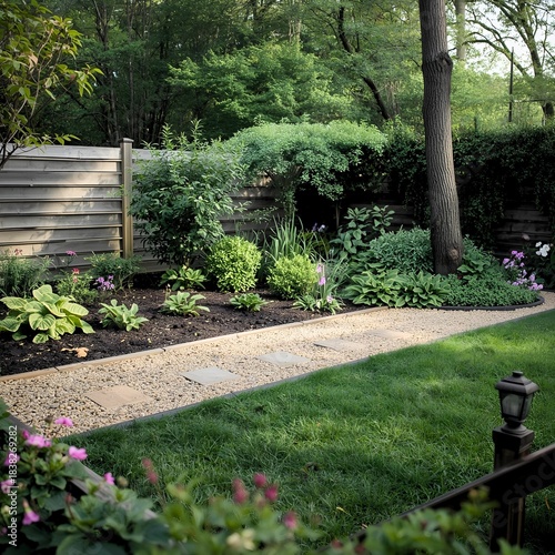 The garden atmosphere is neat and well maintained, with stone paths that stretch gently among green plants and soft colored flowers.