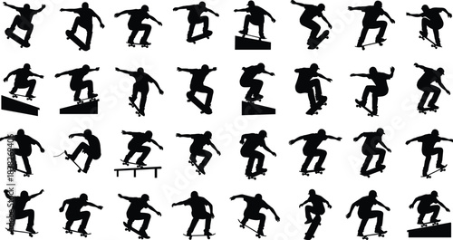 Silhouettes of skateboarders performing jumps, flips, and rail tricks, dynamic skateboarding action illustration collection set for extreme sports, urban movement concepts