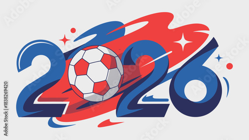 Creative illustration representing 2026 with football as central focus, combined with abstract swirling patterns, modern sports artwork