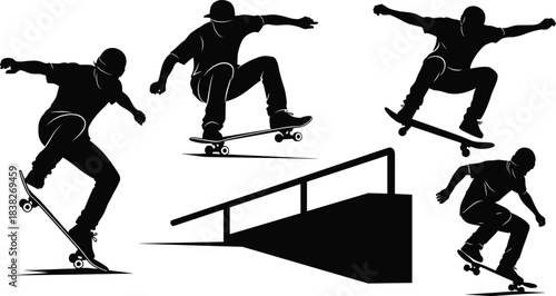 Silhouettes of skateboarders performing tricks on rail and street obstacles, dynamic skateboarding action illustration set for extreme sports design concepts