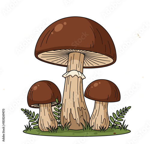 A hand-drawn style vector illustration of three edible Boletus mushrooms with thick brown caps and creamy stems, surrounded by green ferns and grass.