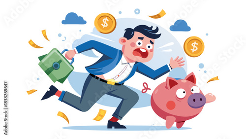 Cartoon businessman running with cash and piggy bank, symbolizing financial savings and investment