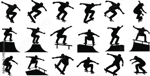 Silhouettes of skateboarders performing tricks, extreme sports action poses collection, skateboarding movement illustration set for urban sport design and dynamic activity concepts