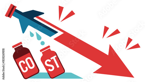 Decreasing cost concept with crashing airplane and falling prices