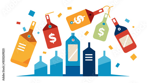 Discount tags flying over bottles, sale and clearance concept