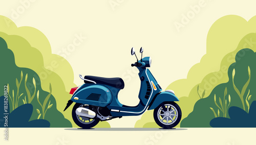 Motorbike positioned by tall shrubs and greenery on garden path