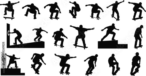 Silhouettes of skateboarders performing urban tricks, dynamic skateboarding action illustration collection set for extreme sports design, street movement, stunt concepts