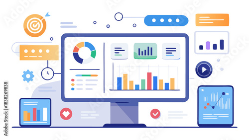 Business analytics and data visualization on computer screen with mobile devices