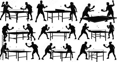 Silhouettes of table tennis players competing at ping pong tables, dynamic match poses collection illustration set for sports design, athletic gameplay concepts