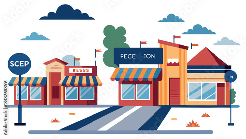 colorful business district with shops and reception building