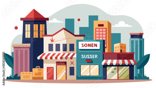 colorful city street with shops and buildings