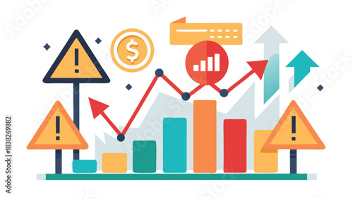 business growth chart with warning signs and financial symbols