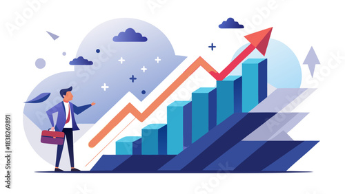 Businessman pointing at growing graph with red arrow