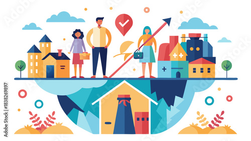 people standing on a floating city with a growing graph